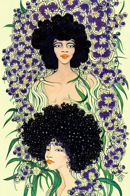 Prompt: realistic face of serene black woman with curly hair with flowers growing around, flower frame, detailed art by kay nielsen and walter crane, illustration style, watercolor