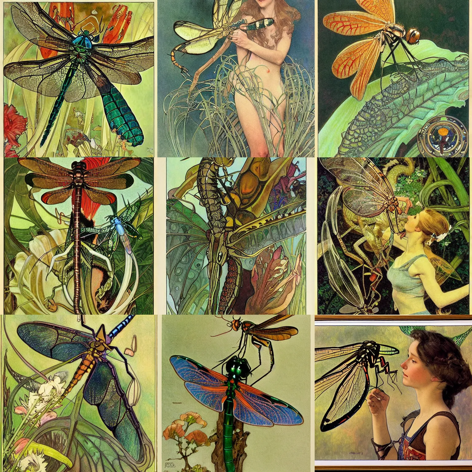 Prompt: zoological drawing of dragon fly, fantasy, insects, close, painting, by norman rockwell and alphonse mucha