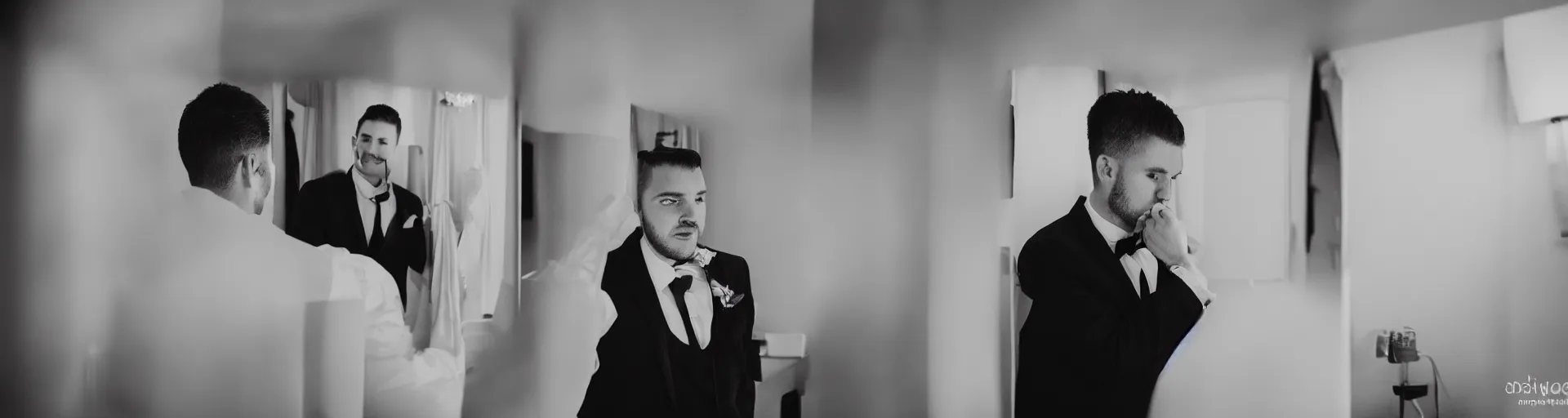 Prompt: mid close up of groom in hotel room getting ready for wedding, 3 / 4 side light, window lighting, rembrandt lighting, filmed with blackmagic pocket 6 k sigma art lens 1 8 mm at f 2