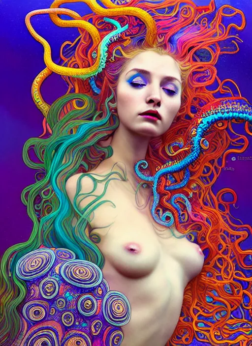 Prompt: A sea goddess with colorful tentacles hair having an colorful enlightening, magic mushrooms, psilocybin, LSD, face, detailed, intricate, elegant, highly detailed, digital painting, artstation, concept art, smooth, sharp focus, illustration, art by Krenz Cushar, Artem Demura, alphonse mucha, Octane render, unreal engine, 8K
