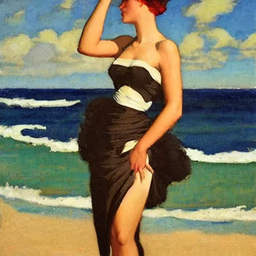 Image similar to woman on the beach, black dress, part leyendecker style, part dean cornwell style