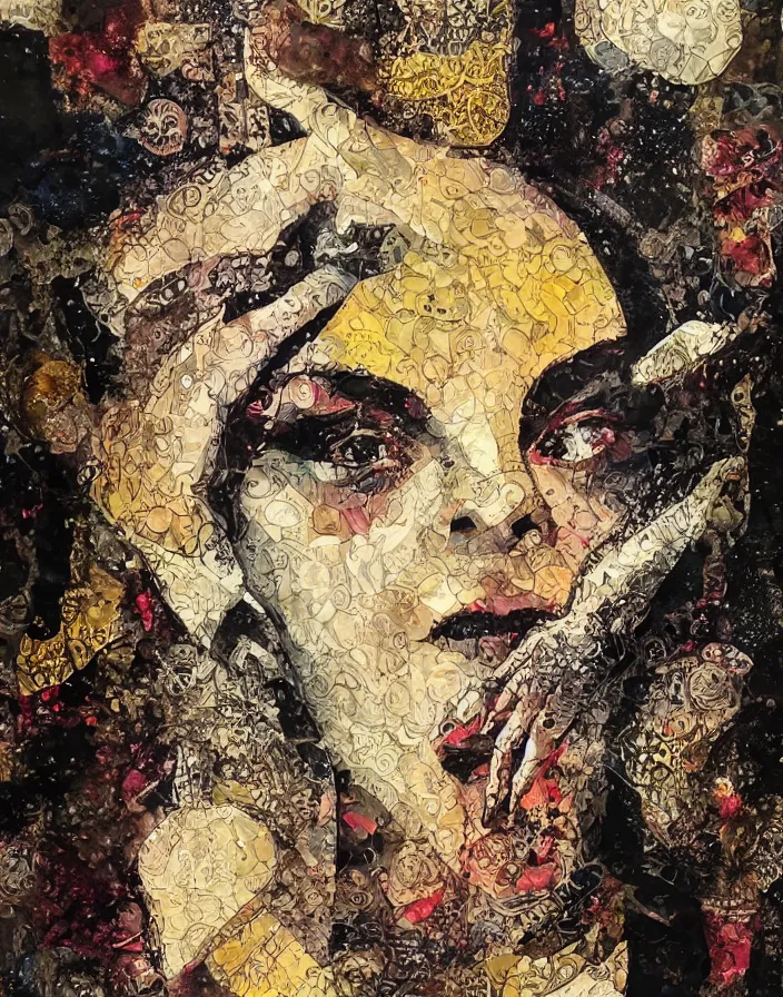 Prompt: elegant celestial orgasm detailed and highly reliefed analogue mixed media collage with canvas texture in style of contemporary art, punk art, single realistic face, photorealistic, expressionism, masterpiece, perfect composition, hd quality, intricate details
