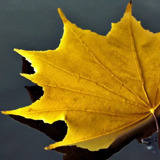 Image similar to close - up of a yellow maple leaf floating on top of a pond