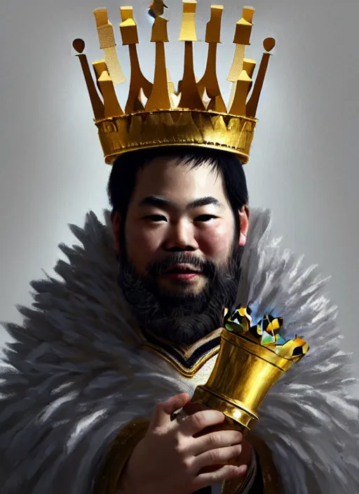 Prompt: gm hikaru nakamura dressed as a king, with a chess piece as a crown, artstation, extremely detailed artgerm, greg rutkowski