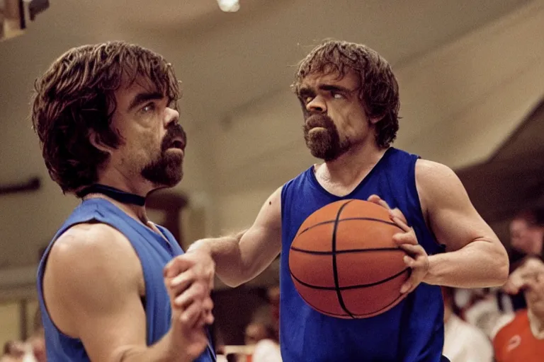 Image similar to peter dinklage playing basketball movie still, from the new slam dunk ernest movie, 8 k, realistic