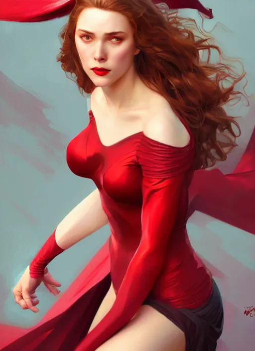 Image similar to Scarlet Witch, full body portrait,slight smile, highly detailed, digital painting, artstation, concept art, sharp focus, illustration, art by wlop and J. C. Leyendecker and Edmund Bliar Leighton and Charlie Bowater