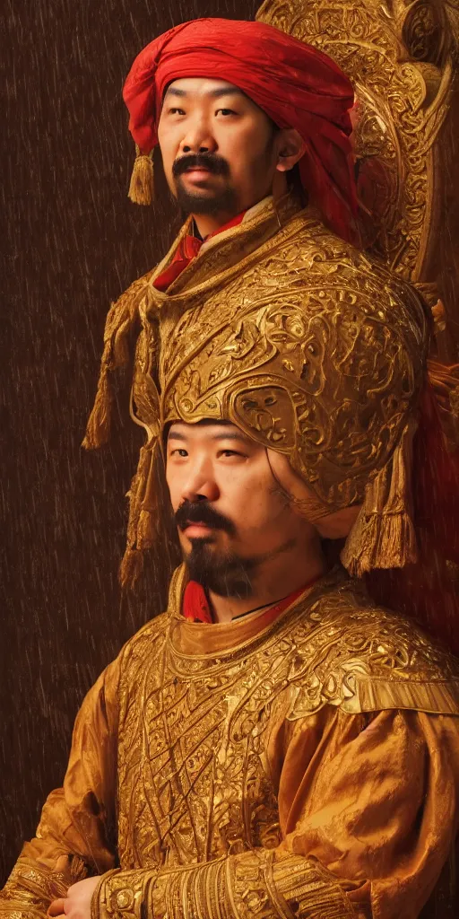 Image similar to Highly detailed and cinematic Renaissance period portrait oil painting Kublai Khan, an oil painting ((masterpiece)) by ((Josep Tapiró Baró)), dynamic lighting, 8K