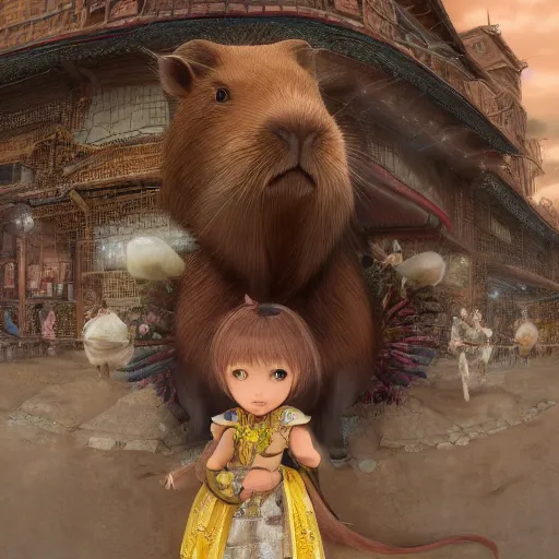 Image similar to character portrait of the capybara princess with gorgeous detailed eyes in the marketplace in the sky, color page, tankoban, 4 k, tone mapping, doll, akihiko yoshida, james jean andrei riabovitchev marc simonetti, yoshitaka amano, long hair, curly, greater capybara, giant cavy rodent, h. hydrochaeris