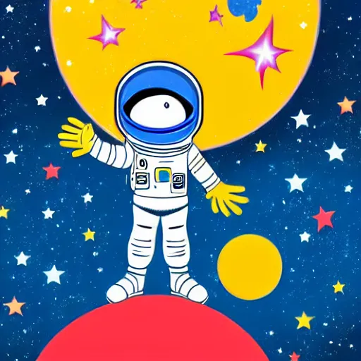 Prompt: cartoon astronaut floating around the moon with a rocket ship and shooting stars in the background, children's book illustration, highly detailed, high quality, bright colors,