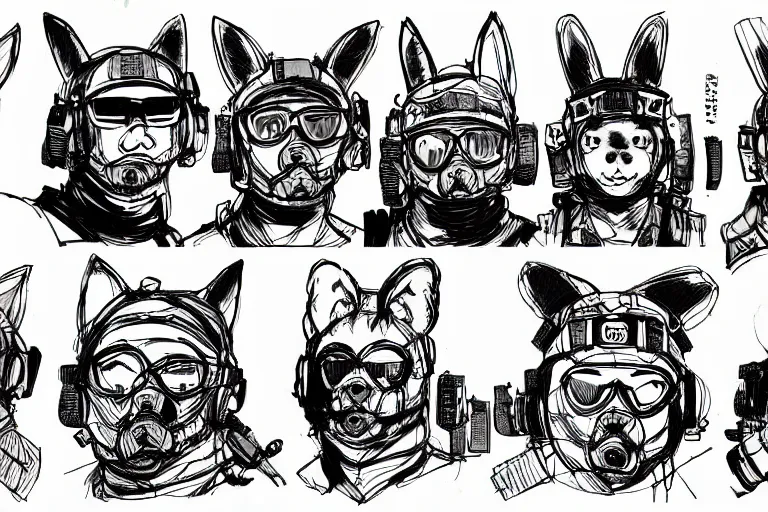 Prompt: ink study of a group of furry modern army soldiers with animal ears, fish eye perspective, key visual with intricate linework, in the style of kim jung gi