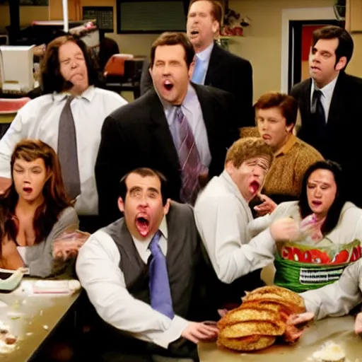 Prompt: The cast of The Office having a food fight, cinematic, high detail