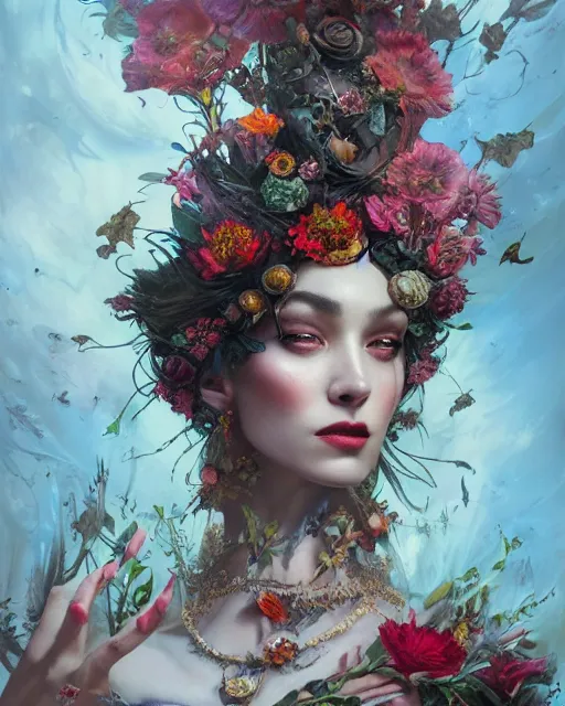 Image similar to portrait of the redskin queen of the underworld, surrounded by flowers by karol bak, james jean, tom bagshaw, rococo, sharp focus, trending on artstation, cinematic lighting, hyper realism, octane render, 8 k, hyper detailed.