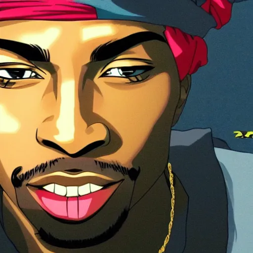 Image similar to Tupac Shakur, screenshot from a 2012s anime