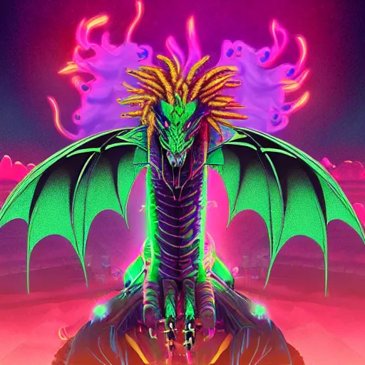 Image similar to dragon with dreadlocks, synthwave