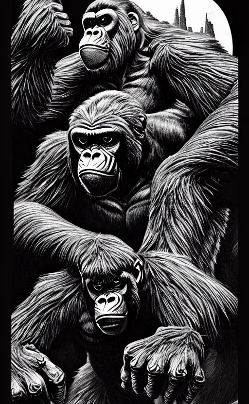 Prompt: king kong, extremely detailed, bold line art, by vincent di fate and joe fenton, inking, etching, screen print, masterpiece, trending on artstation, sharp, high contrast, hyper realistic, hd, 4 k, 8 k
