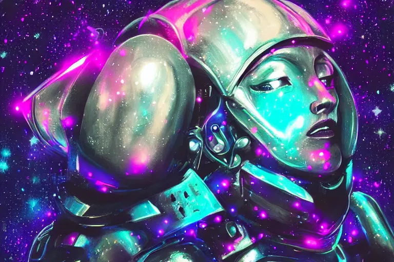 Image similar to digital art of a beautiful princess wearing suit of armor looking up at the stars, acrylic art, universe, painting, pastel colors, synthwave, retro, cyberpunk,