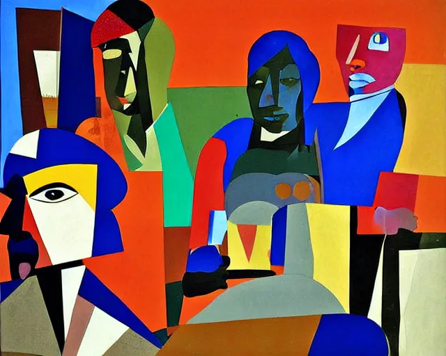 Image similar to a painting by Romare Bearden
