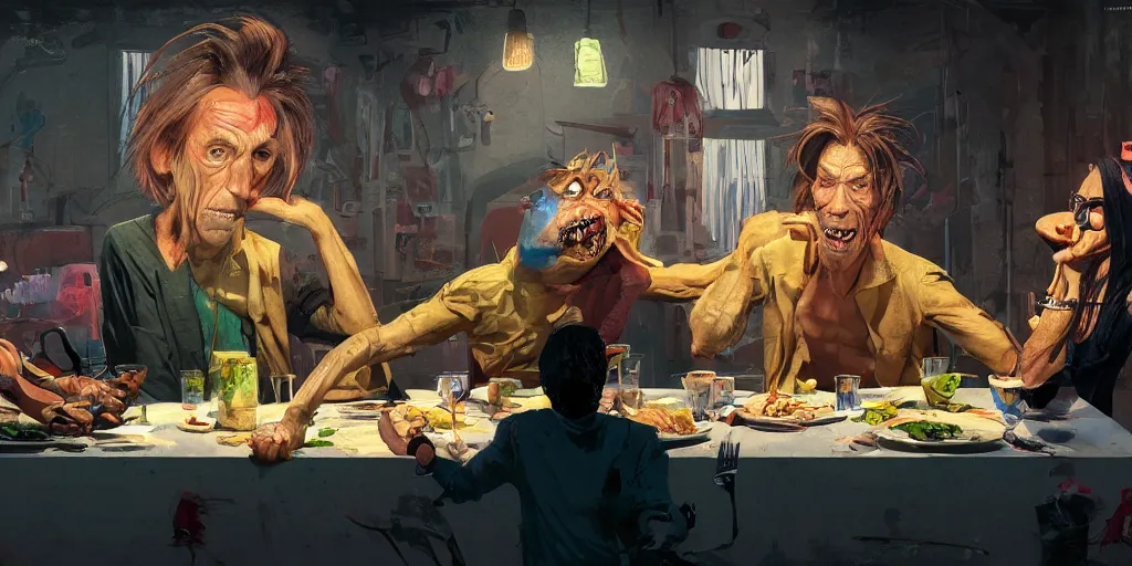 Prompt: cartoonish iggy pop having dinner with tom waits, vivid colors, character sheet, fine details, concept design, contrast, kim jung gi, greg rutkowski, trending on artstation, 8 k, full body, turnaround, front view, back view, ultra wide angle