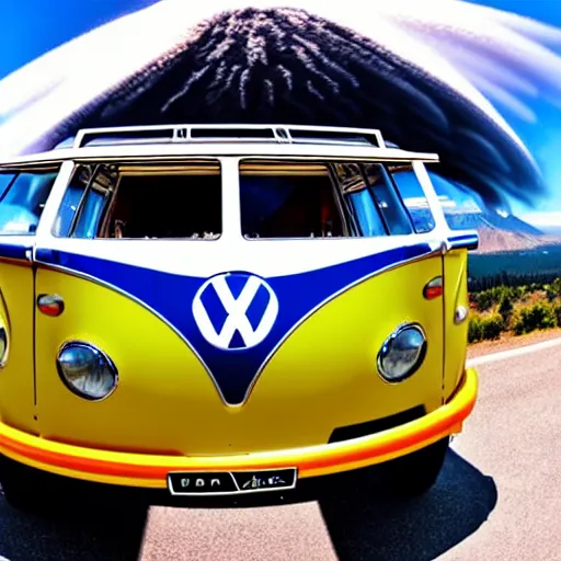 Image similar to a caricature drawing of a vw volkswagen bus, camper, bulli, type - 2, microbus, kombi, flying towards the camera, jumping at the viewer, dynamic action shot, fish - eye lense, frontal, a vulcano is erupting in the background