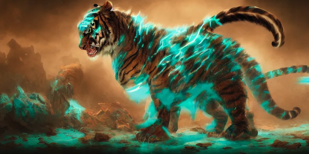 Image similar to Ghostly tiger creature made out of turquoise energy character design sheet, Monster Hunter Illustrations art book, Bright sparks, claws, huge sabertooth fangs, Moebius, Greg Rutkowski, Zabrocki, Karlkka, Jayison Devadas, Phuoc Quan, trending on Artstation, 8K, ultra wide angle, zenith view, pincushion lens effect.