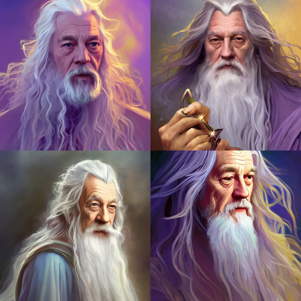 Prompt: gandalf from lord of the rings, digital portrait, high quality brushstrokes and ethereal lighting, flowing hair, lavender and gold tones, alphonse mucha, diego fernandez, Janice Sung, artstation, deviantart, pixiv