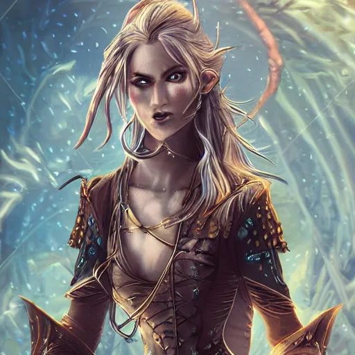 Image similar to portrait of a elven female pirate, fantasy setting, digital art, dramatic lighting, illuminated, cinematic