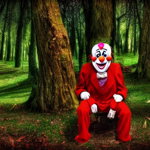 Image similar to clowns hiding behind trees trailcam 4 k hyper realistic night