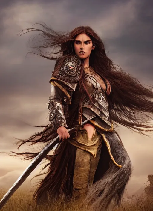 Image similar to An epic fantasy comic book style portrait painting of a warrior woman with a long brown hair wearing a cloak that waves in the wind as she holds onto a stave in front of an epic fantasy landscape, unreal 5, DAZ, hyperrealistic, octane render, cosplay, RPG portrait, dynamic lighting
