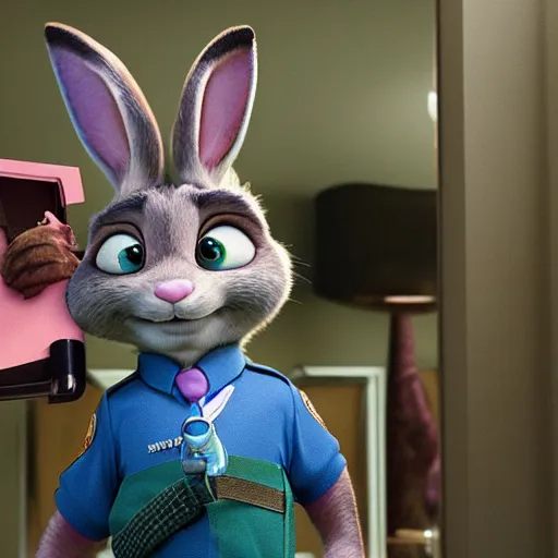 Prompt: Judy Hopps, the rabbit police officer from Zootopia, posing for a selfie with the evil human criminal Hannibal Lecter from Silence of the Lambs, over a plate of fava beans and chianti, mashup, 4k movie still