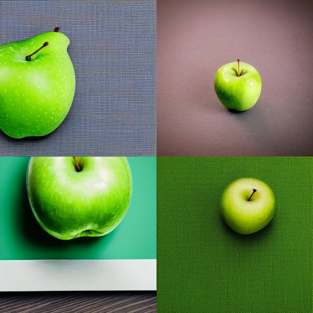 Prompt: studio shot of green apple shaped like a banana , isometric perspective, green background