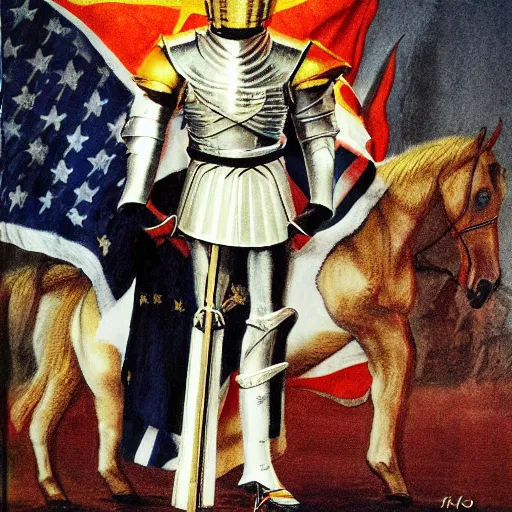 Image similar to front shot full body cinematic of donald trump as a knight, by hans thoma