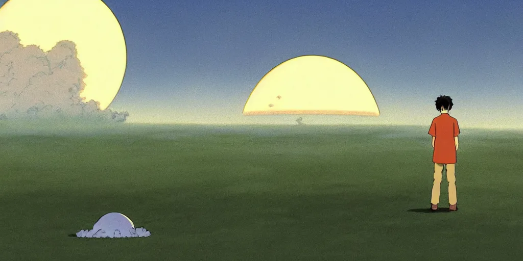 Prompt: a cell - shaded studio ghibli cartoon concept art study of a scientist looking at a ufo from independence day ( 1 9 9 6 ) on cloudy day at golden hour. the ufo shines a light down on the ground. 1 9 7 0's science fiction. very dull colors, hd, 4 k, hq