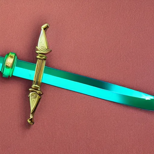 Image similar to photograph of a large green and teal crystal sword with a gold sword hilt