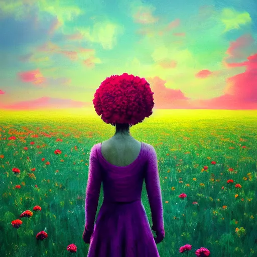 Image similar to head made of carnations flower, girl standing in a vast flower field, surreal photography, sunrise dramatic light, impressionist painting, colorful clouds, large sky, digital painting, artstation, simon stalenhag, flower face