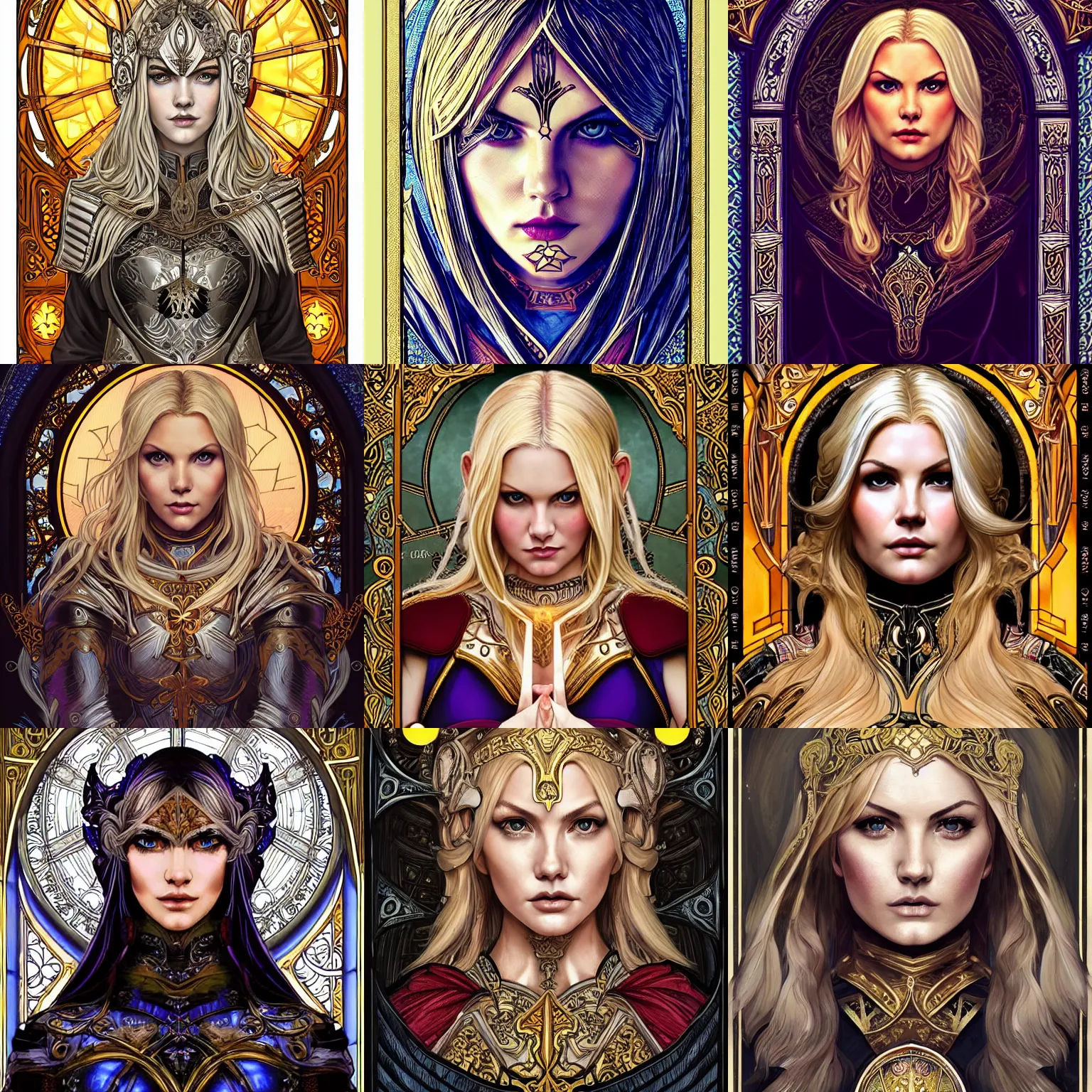 Prompt: head-on symmetrical centered painted portrait, Elisha Cuthbert as a paladin, blonde hair, golden halo, ornate iron armour, art nouveau tarot, fantasy, gothic stained glass, intricate, elegant, highly detailed, smooth, sharp focus, illustration, artstation, in the style of Artgerm and Anna Podedworna and Alex Ross and Mucha