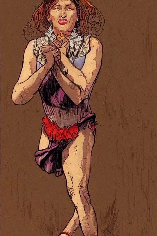 Image similar to maria. Smug old west circus acrobat. concept art by James Gurney and Mœbius.