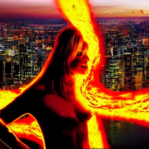 Prompt: a woman on fire, city on fire down there, giant, photoshop, sci - fi, creative and cool, award winning, photo manipulation