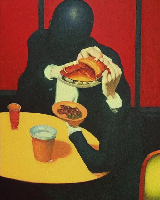 Image similar to a dark figure eating breakfast in a diner, high angle. oil on canvas. in the style of Francis Bacon and Zdzislaw Beksinski, Edward Hopper and Norman Rockwell, highly detailed, very coherent, triadic color scheme, Victo Ngai and surrealism, airbrush, very coherent, triadic color scheme, art by Takato Yamamoto and James Jean