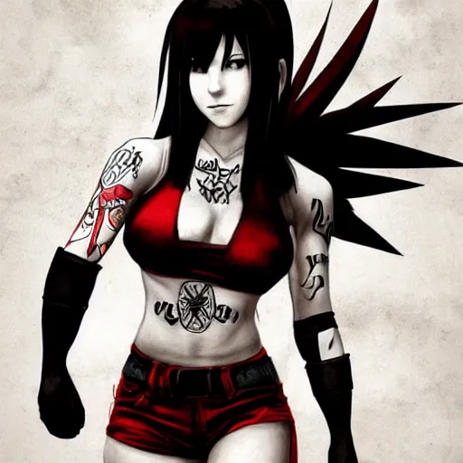 Image similar to high quality art of tifa lockhart with tattoos, trending on artstation