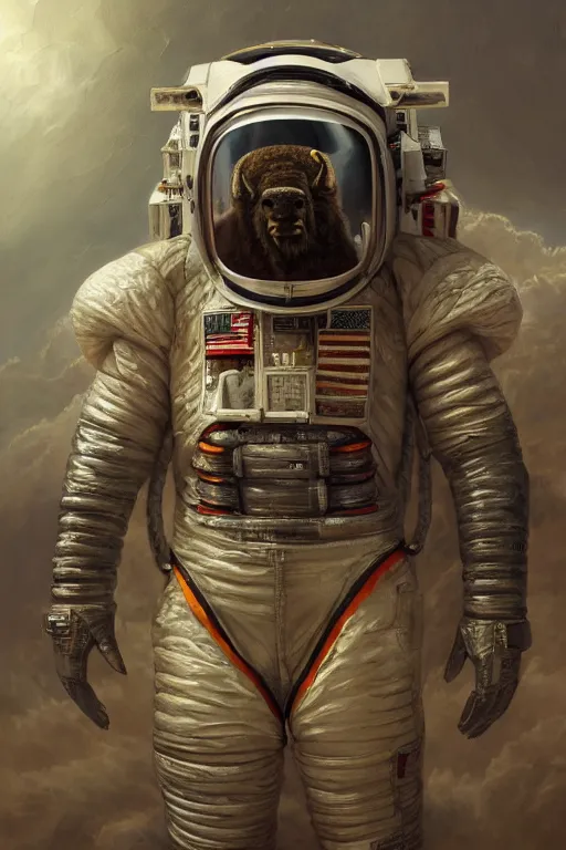 Image similar to bison astronaut, oil on canvas, intricate, portrait, 8 k highly professionally detailed, hdr, cgsociety