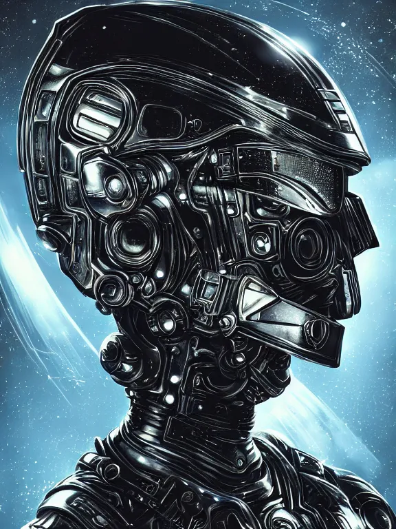 Prompt: portrait art of 8k ultra realistic retro futuristic, galaxy reflected helmet , detailed intricate ornate armour,eldritch horror,blade runner, cybernetic, full of colour, cinematic lighting, battered, trending on artstation, 4k, hyperrealistic, focused, extreme details,unreal engine 5, cinematic, masterpiece, art by ayami kojima, giger