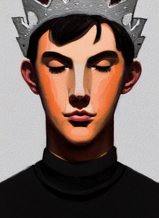 Image similar to portrait of teenage jughead jones wearing a light grey crown, symmetrical crown, sweater with picture of hamburger, eyes closed, crown, black hair, orange, intricate, elegant, glowing lights, warm lighting, highly detailed, digital painting, artstation, concept art, smooth, sharp focus, illustration, art by wlop, mars ravelo and greg rutkowski