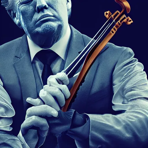 Image similar to donald trump as violin player full body detailed, ethereal, cyborg biomechanics, covered in blood diamonds and other gems glowing, highly detailed face, evil posed, evil expression, intricate, extremy detailed, beeple, cgsociety, 3 d unreal engine octane render. cinematic lighting, highly detailed 4 k art