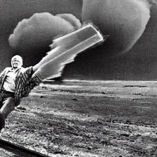 Image similar to a frightened funny ukrainian is trying to escape, badly injured from radiation from a huge nuclear explosion, a nuclear missile flies right at him