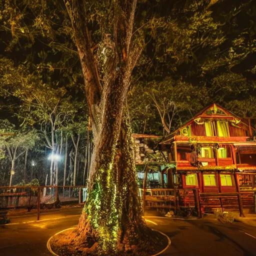 Prompt: professional photo of a tree top town similar to level of donkey kong country, by discovery magazine, night time with lights inside houses, real life, photorealistic, soft focus, long exposure