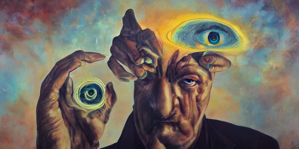 Image similar to a surreal painting of man with his third eye opening