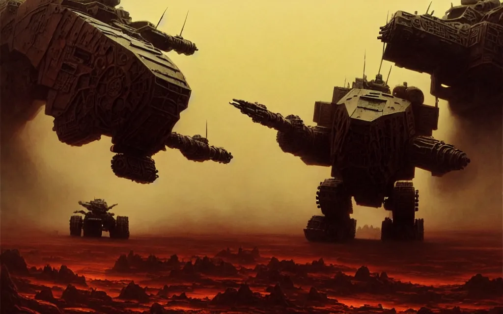 Image similar to a cinematic scene of a hulking armoured mech monster fighting in a hellish war by moebius and hr giger and beksinski, trending on artstation, digital art, 4 k resolution, detailed, high quality, sharp focus, hq artwork, insane detail, cinematic, volumetric lighting, dramatic lighting, epic light, cinematic aesthetic