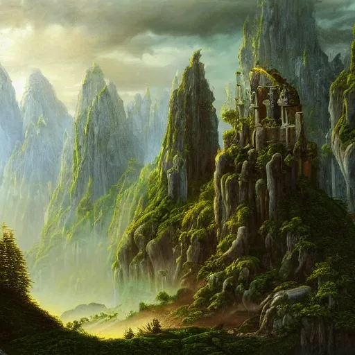 Prompt: a beautiful and highly detailed oil painting of an elven temple in the mountains, detailed trees and cliffs, forgotten valley, swirling mist, lush forests, intricate details, epic scale, insanely complex, 8 k, sharp focus, hyper realism, fantasy landscape, psychedelic, by caspar friedrich,