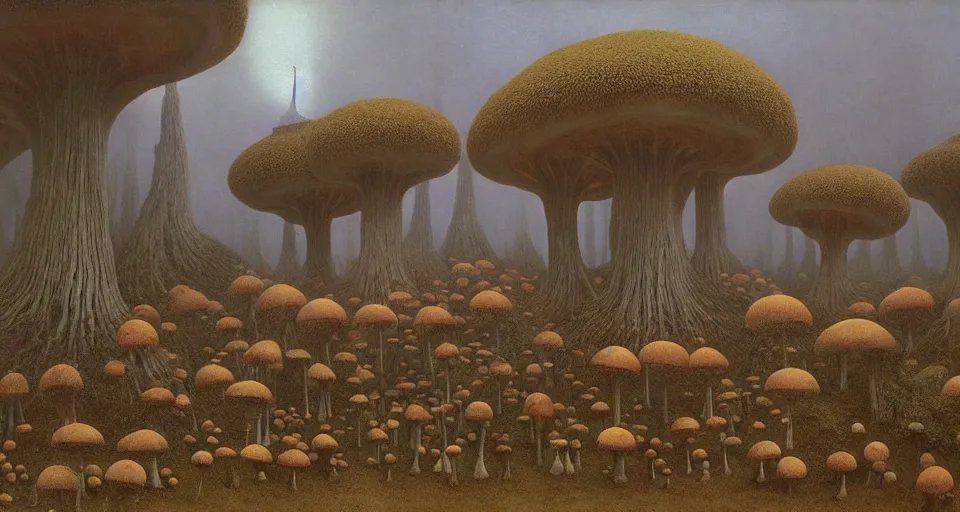 Image similar to A tribal village in a forest of giant mushrooms, by Zdzisław Beksiński