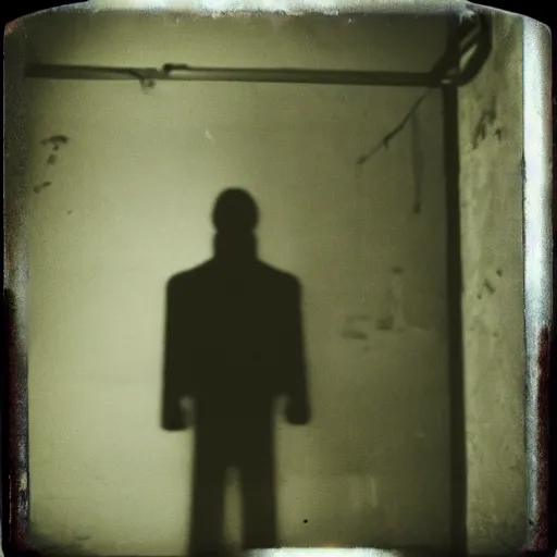 Prompt: a tall dark shadowy figure with eyes standing in the corner of the basement of an industrial building, abandoned, creepy, grainy, eerie, terrifying, horrorifiying, old polaroid, expired film,